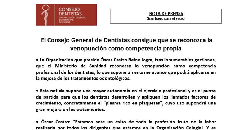 Información del Consejo General de Dentistas de España sobre venopunción y tratamientos dentales.